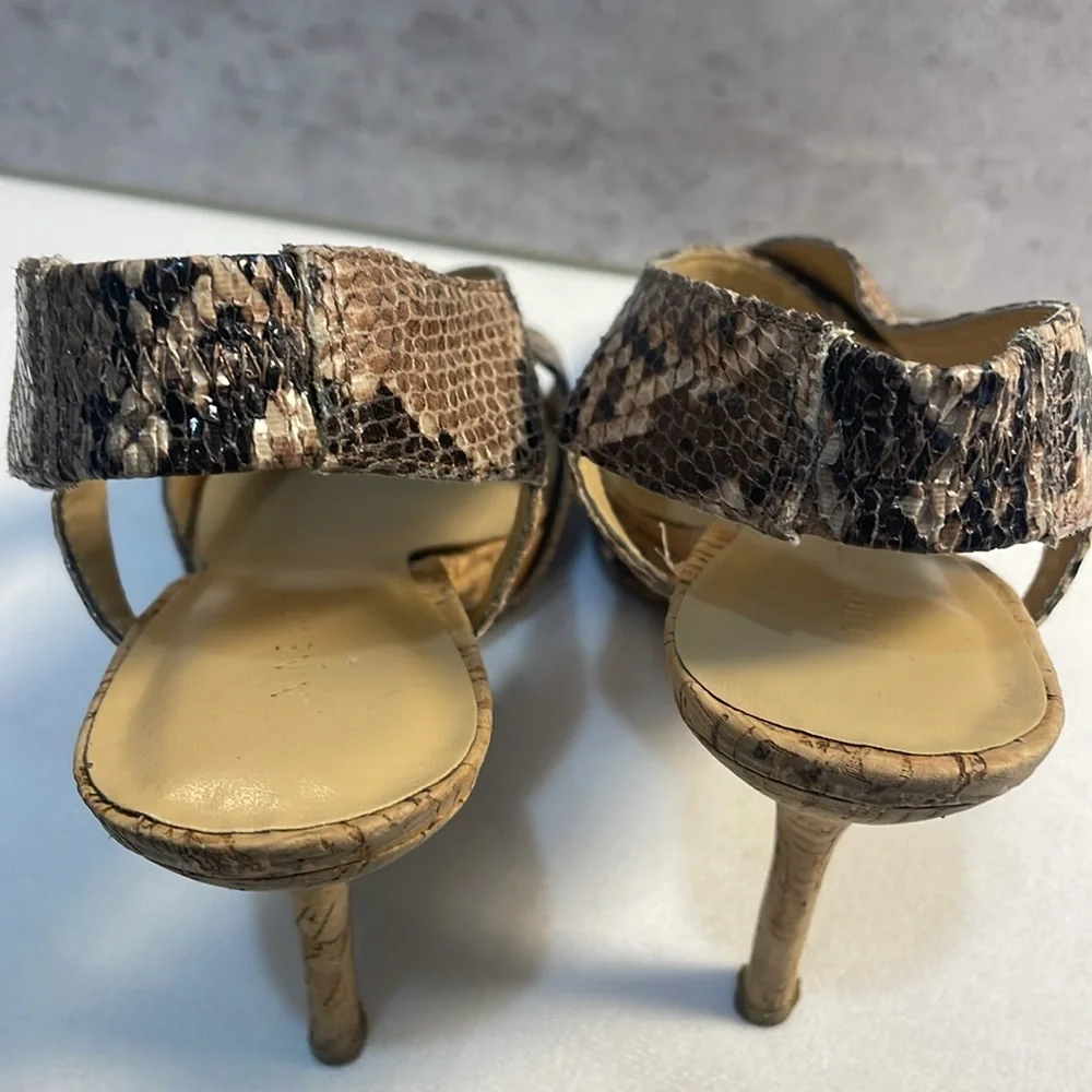 NINE WEST Snakeskin Cork Bottom 4” Heels Crossover Straps Sandals Classic 8.5M‎